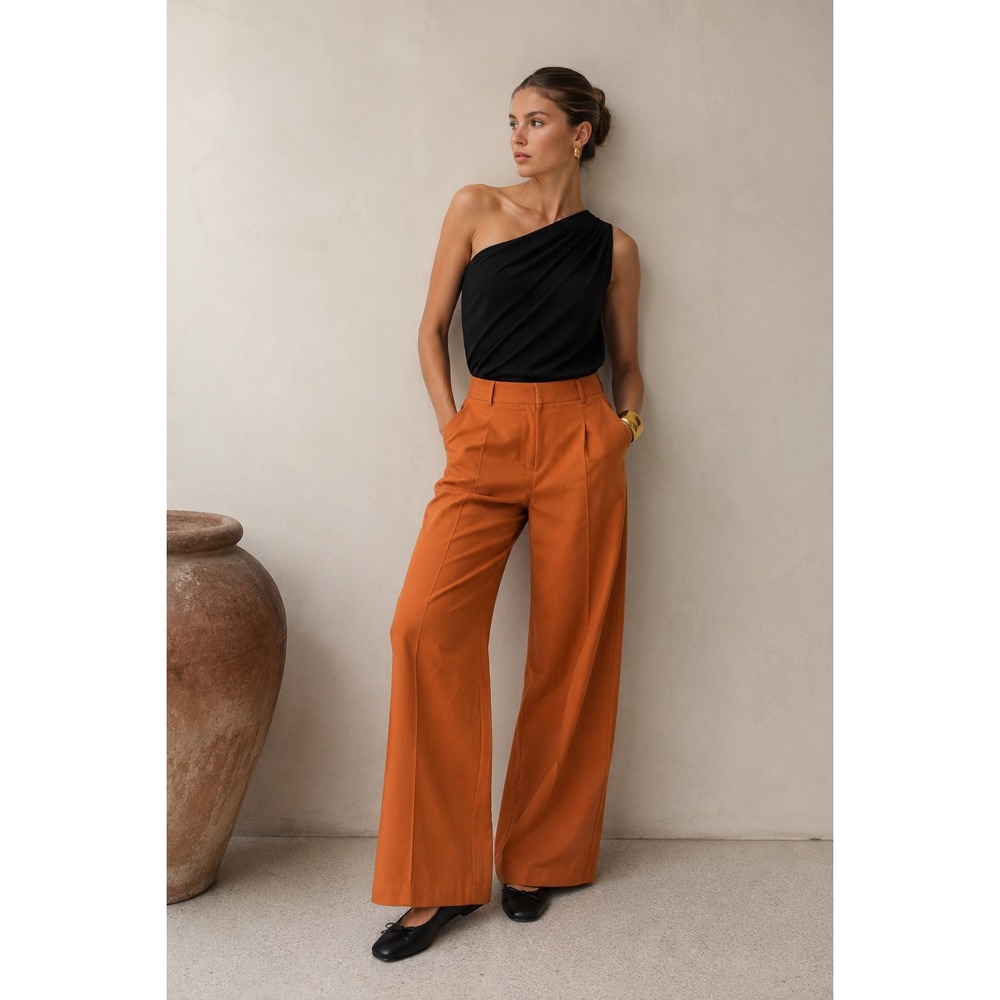 MOTF Premium Burnt Orange Wide Leg High Waisted Trousers Pants Size L New‎
